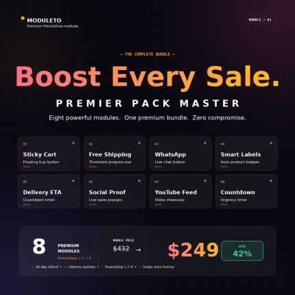 Premier Pack Master Moduleto — 8 modules PrestaShop premium dans un pack